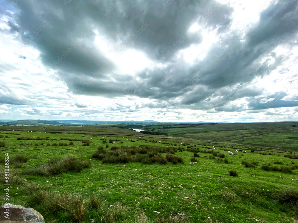 Evening thunderstorm, on the moor tops, with sheep, and a reservoir in the distance near, Rylstone, Skipton, UK