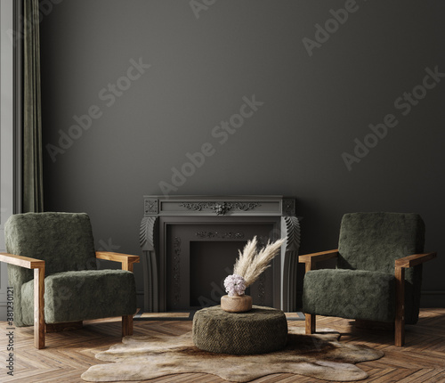 Home interior mock-up with armchairs and fireplace in living room, 3d render
