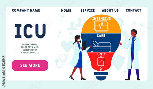Vector website design template . ICU - Intensive Care Unit, acronym medical concept. illustration for website banner, marketing materials, business presentation, online advertising.