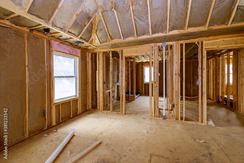 Wooden house in American beams the view of interior frame structure on a new development