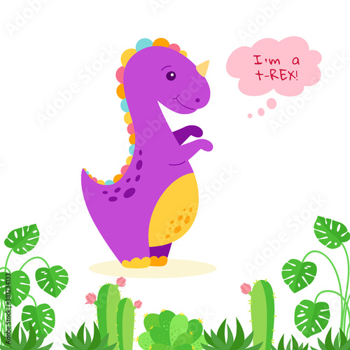 Dinosaur with speech bubble  cartoon style. Funny Tyrannosaurus rex with plants  monstera and cactus. Colorful cute funny kids illustration. Vector isolated on white background