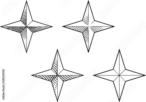 手描きのキラキラ星 vintage engraving 4 pointed Christmas star
