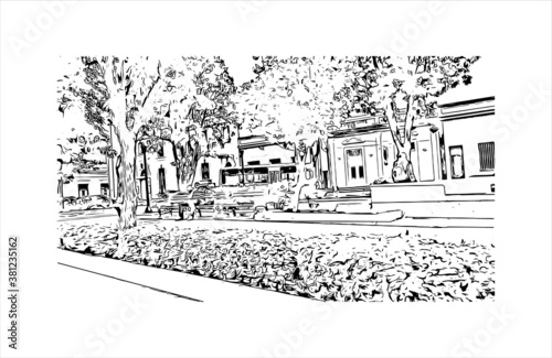 Building view with landmark of Bayamo is the capital city of the Granma Province of Cuba. Hand drawn sketch illustration in vector.