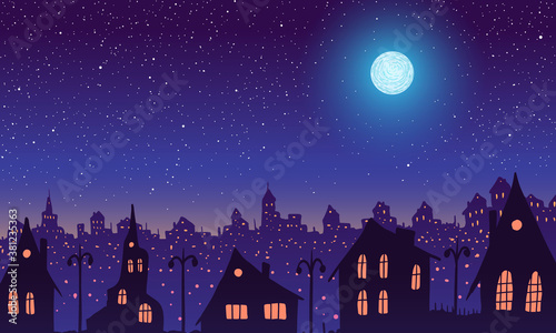 Vintage town at night. Bright moon and shooting star.