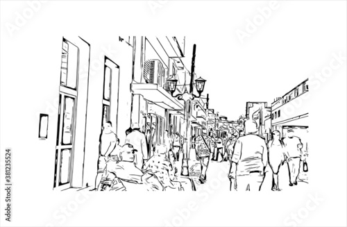 Building view with landmark of Bayamo is the capital city of the Granma Province of Cuba. Hand drawn sketch illustration in vector.