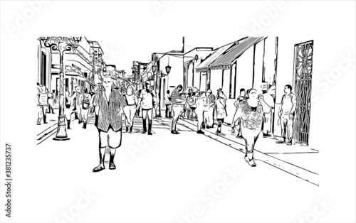 Building view with landmark of Bayamo is the capital city of the Granma Province of Cuba. Hand drawn sketch illustration in vector.