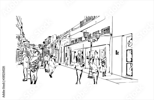 Building view with landmark of Bayamo is the capital city of the Granma Province of Cuba. Hand drawn sketch illustration in vector.