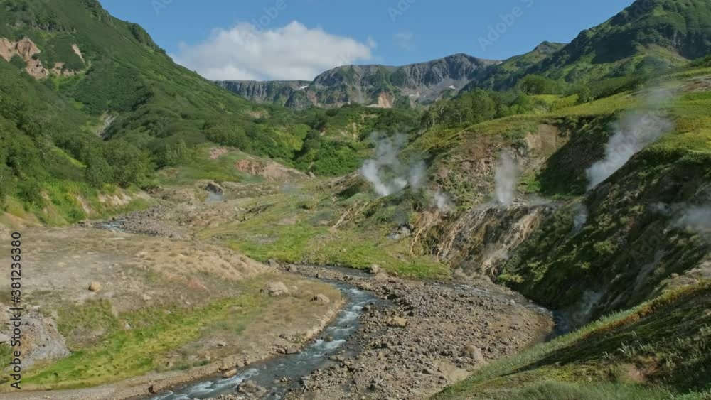 Hot springs and fumaroles in famous Valley of Geysers, Kamchatka peninsula, Russia, 4k Hot springs and fumaroles in famous Valley of Geysers, Kamchatka peninsula, Russia, 4k