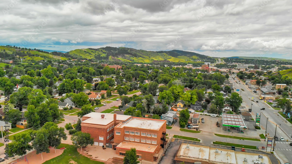 RAPID CITY, SD -JULY 2019: Arial view of Rapid City on a cloudy summer day, South Dakota