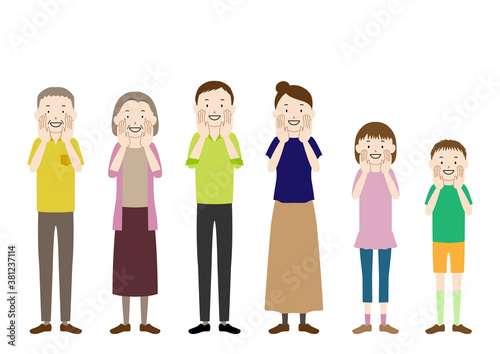 Illustration of a three generation family (grandfather, grandmother, father, mother, girl, boy set) Calling pose