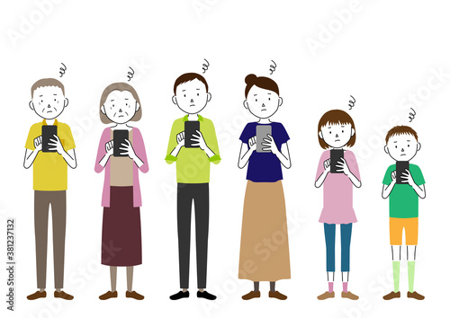 Illustration of a three generation family (grandfather, grandmother, father, mother, girl, boy set) worried about how to use a smartphone
