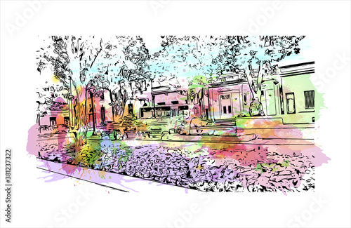 Building view with landmark of Bayamo is the capital city of the Granma Province of Cuba. watercolour splash with hand drawn sketch illustration in vector.