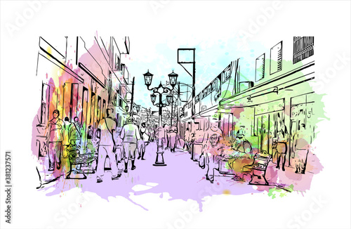 Building view with landmark of Bayamo is the capital city of the Granma Province of Cuba. watercolour splash with hand drawn sketch illustration in vector.