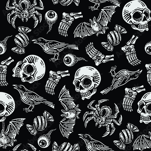 seamless pattern of spider, skull, bat, raven, eyeball, leg bones, candy wrappers in dark background. Vector Happy Halloween greeting card and trick or treat