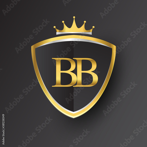 Initial logo letter BB with shield and crown Icon golden color isolated on black background, logotype design for company identity.