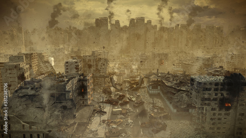 Apocalypse survivor concept, Ruins of a city. Apocalyptic landscape 3d render , 3d illustration concept