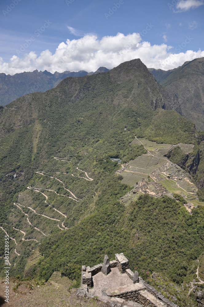 View of the lost Incan city of Machu Picchu, as seen from high up Huayna (Wayna) Picchu