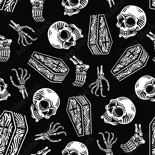 seamless pattern of skull, casket, hand bones, leg bones in dark background. Vector Happy Halloween greeting card and trick or treat
