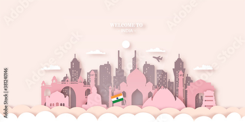 India Travel Ticket Postcard, poster, tour advertising of world famous landmarks of India. Vector illustration.