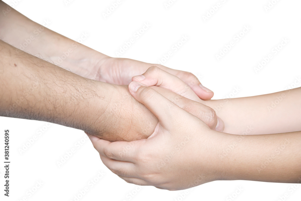 Father gentle holding son's hand over white background - people love help care each other concept	
