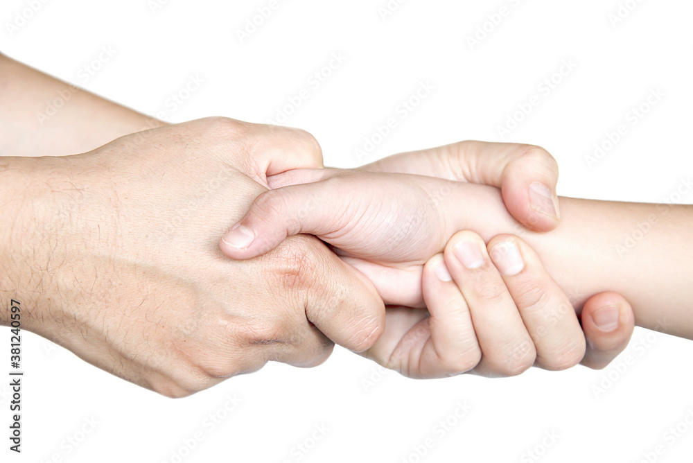Father gentle holding son's hand over white background - people love help care each other concept
Father gentle holding son's hand over white background - people love help care each other concept