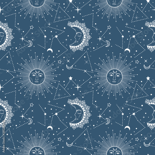 Bohemian seamless pattern with sun  moon  stars and constellation. Vintage style. Gypsy and hipster vector illustration. Astronomy and astrology symbol.