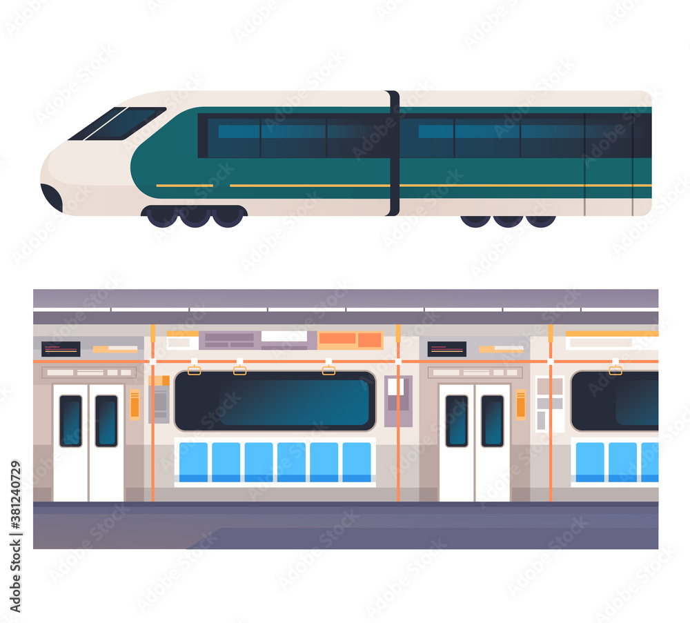 Train inside and outside interior concept isolated set. Vector flat ...