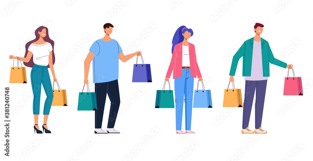 People man woman with shopping bag isolated set. Vector flat graphic design cartoon illustration