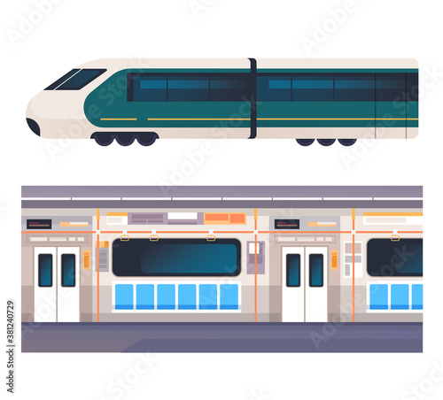 Train inside and outside interior concept isolated set. Vector flat graphic design cartoon illustration