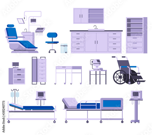 Medicine hospital equipment furniture isolated set. Vector flat graphic design cartoon illustration