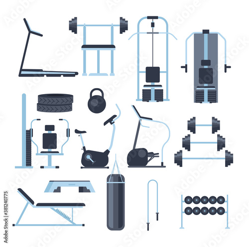 Gym sport equipment isolated set. Vector flat graphic design cartoon illustration