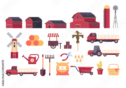 Farm tools equipment element isolated set. Vector flat graphic design cartoon illustration
