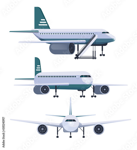 Airplane different view isolated set. Vector flat graphic design cartoon illustration
