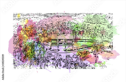 Building view with landmark of Bayamo is the capital city of the Granma Province of Cuba. watercolour splash with hand drawn sketch illustration in vector.
