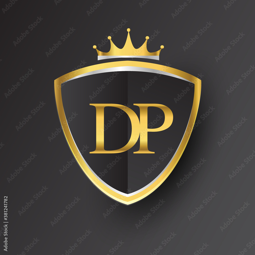 Initial logo letter DP with shield and crown Icon golden color isolated ...