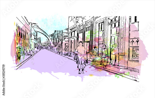 Building view with landmark of Bayamo is the capital city of the Granma Province of Cuba. watercolour splash with hand drawn sketch illustration in vector.