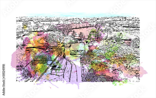 Building view with landmark of Bayamo is the capital city of the Granma Province of Cuba. watercolour splash with hand drawn sketch illustration in vector.