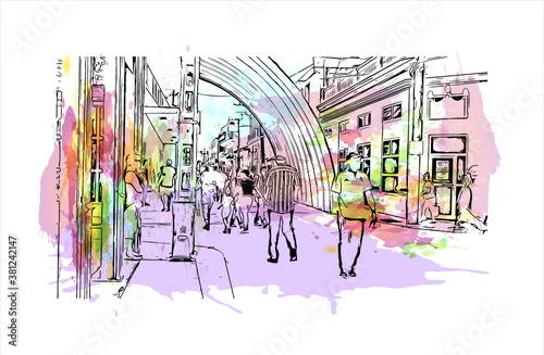 Building view with landmark of Bayamo is the capital city of the Granma Province of Cuba. watercolour splash with hand drawn sketch illustration in vector.