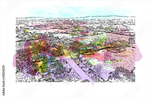 Building view with landmark of Bayamo is the capital city of the Granma Province of Cuba. watercolour splash with hand drawn sketch illustration in vector.