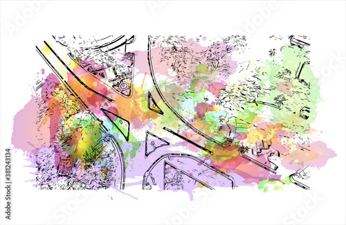 Building view with landmark of Bayamo is the capital city of the Granma Province of Cuba. watercolour splash with hand drawn sketch illustration in vector.