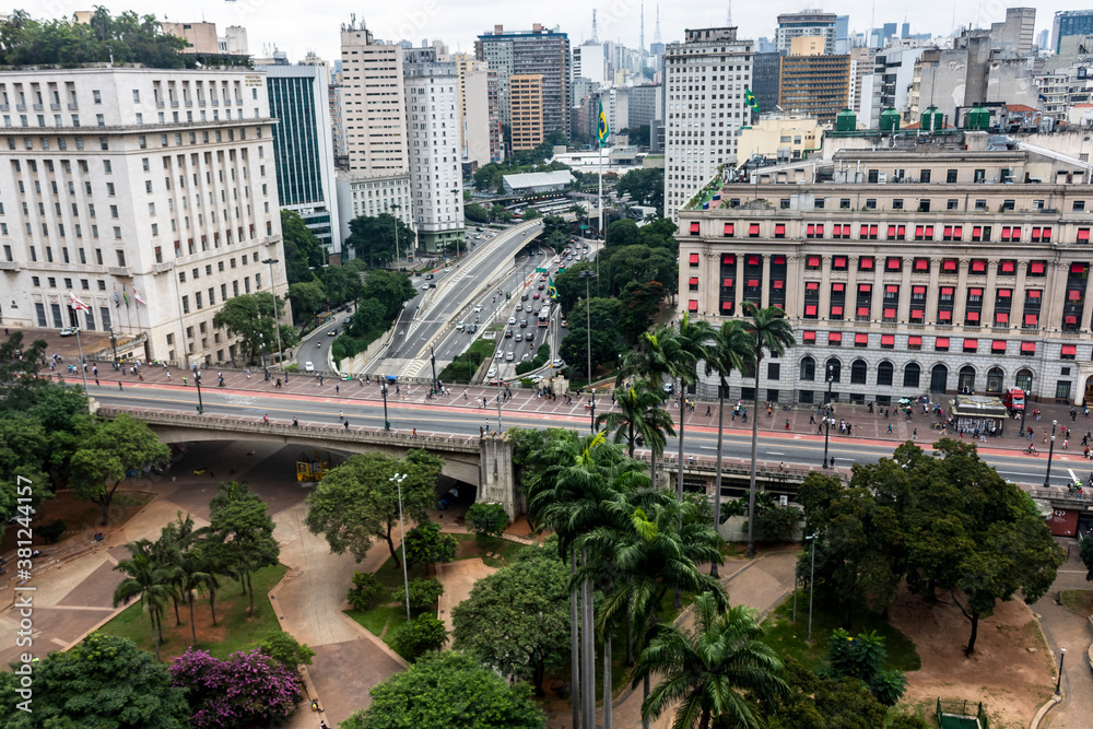 Aerial view of Anhangabau Valley, Tea Viaduct and city hall in downtown Sao Paulo. Aerial view of Anhangabau Valley, Tea Viaduct and city hall in downtown Sao Paulo.