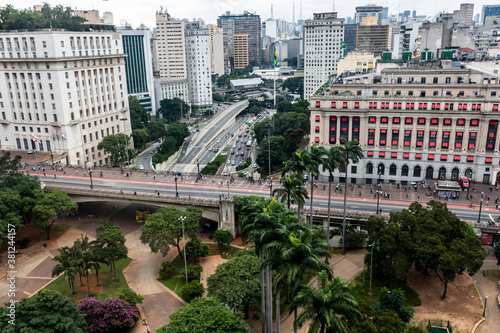 Aerial view of Anhangabau Valley, Tea Viaduct and city hall in downtown Sao Paulo. © AlfRibeiro