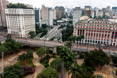 Sao Paulo, Brazil, march 27, 2017. Aerial view of Anhangabau Valley, Tea Viaduct and city hall in downtown Sao Paulo. photo