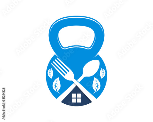 Crossed fork and spoon inside the kettle bell