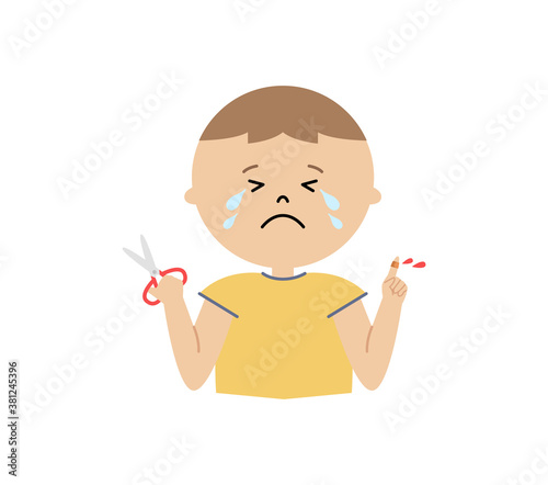はさみで指を切った男の子のイラスト