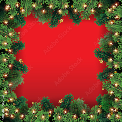 Christmas tree branches with decorations on red background. Vector