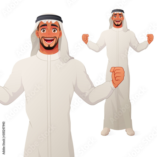 Excited Arab man celebrating success with raised hands and wide smile. Vector cartoon character.