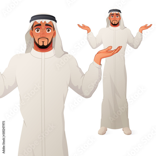 Questioning Arab man shrugging shoulders. Vector cartoon character.