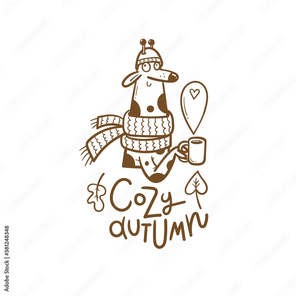 Autumn card with cute cartoon giraffe with mug of tea.Ffunny animal with hot drink. Vector contour image no fill. Autumn card with cute cartoon giraffe with mug of tea.Ffunny animal with hot drink. Vector contour image no fill.