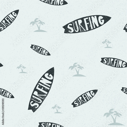 surfer board and coconut leaf seamless pattern with grunge background